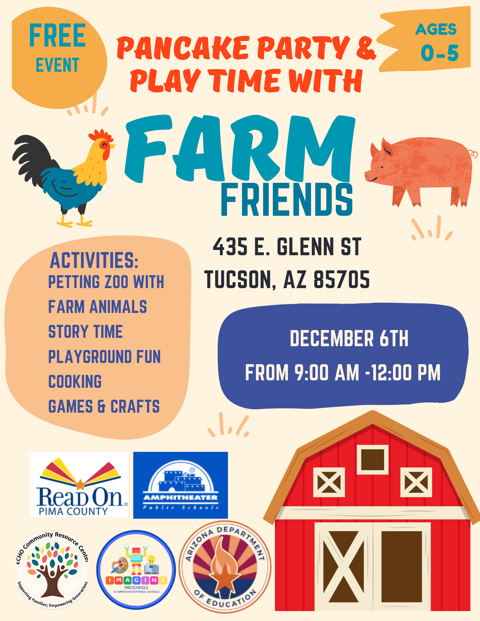 Free Pancake party and farm friends December 6th 9am - 12 at 435 E Glenn St. For children under 5 years old.